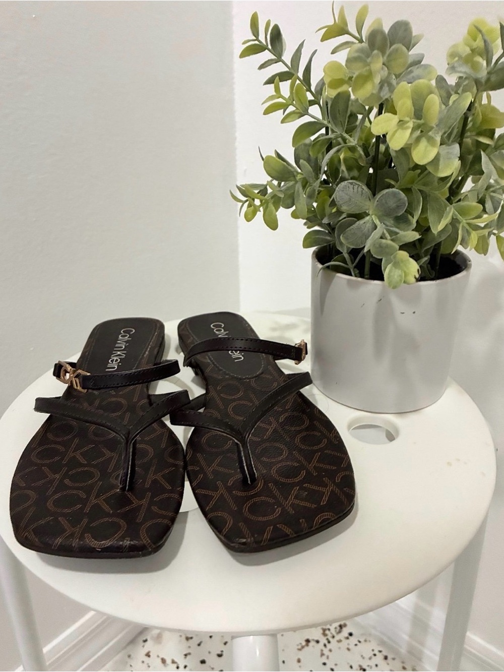 Calvin Klein Dark Brown Logo Thong Sandals with Gold Buckle